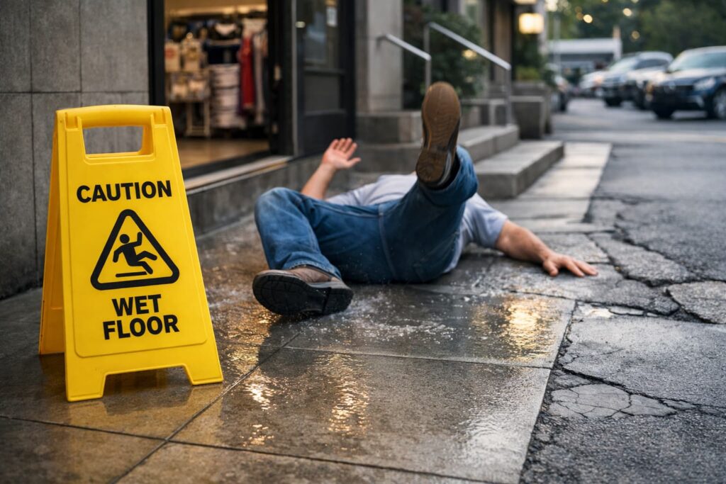 Slip and fall hazard outside an Atlanta commercial building showing wet pavement and warning sign near store entrance