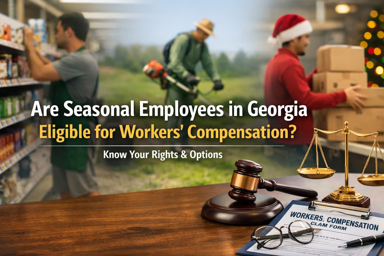 Seasonal employees working retail, landscaping, and holiday jobs in Georgia with workers’ compensation legal documents symbolizing employee benefit eligibility