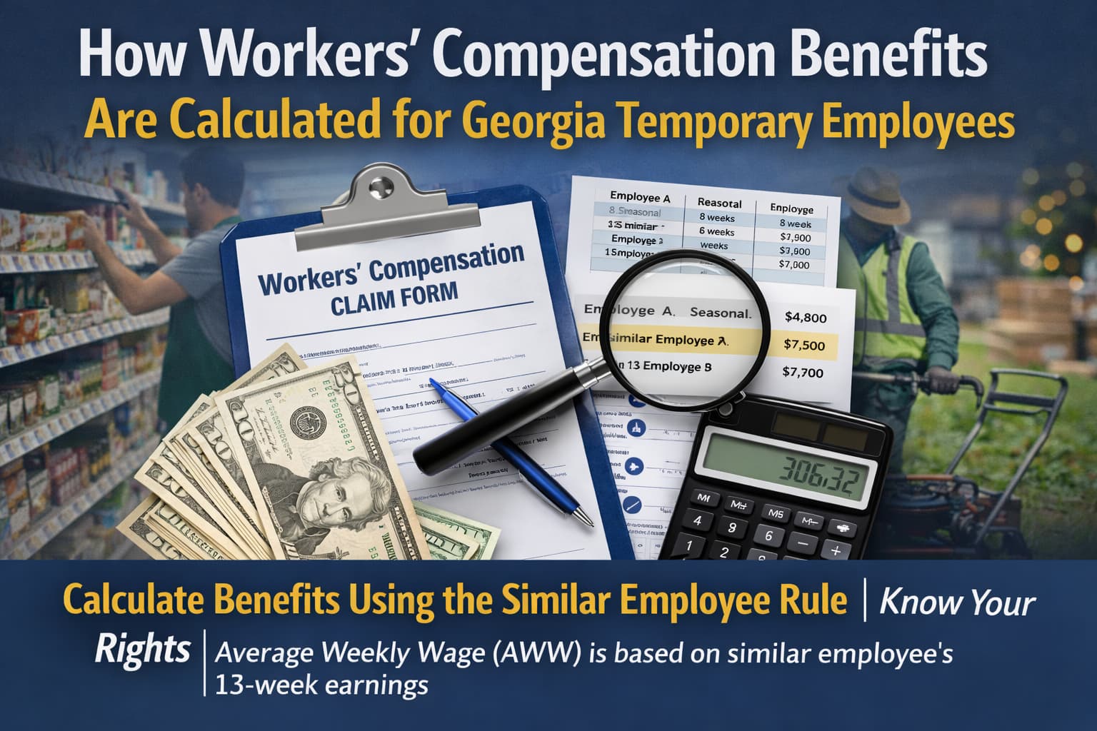 Workers’ compensation benefit calculation for Georgia temporary employees showing Average Weekly Wage using the similar employee rule