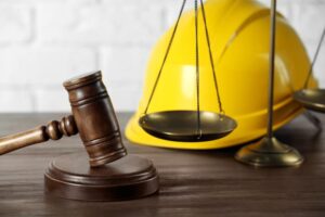 The conceptual image representing labor, construction, and land law, with a judge's gavel, scales of justice, and a protective construction helmet placed on a wooden table.