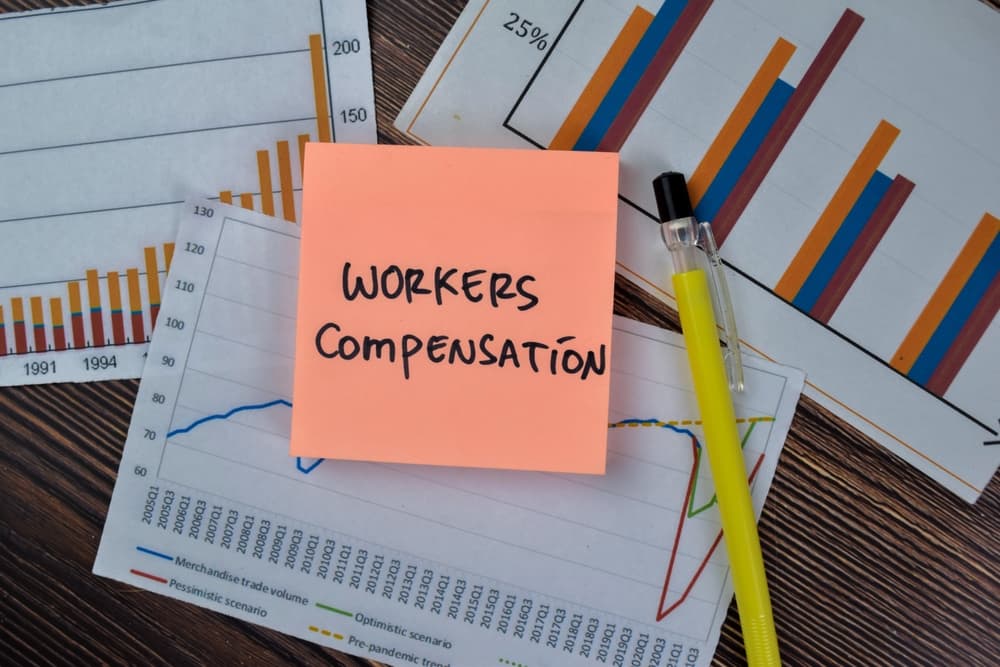 Sticky notes with 'Workers Compensation' written on them, placed on a wooden table.