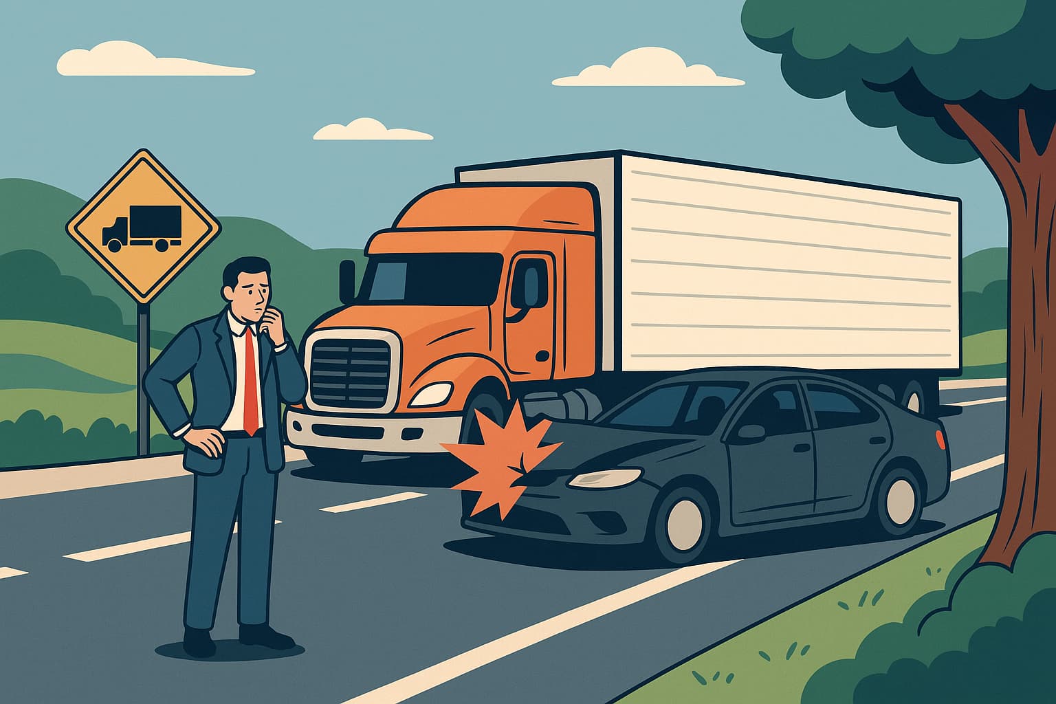 An illustrative digital image showing a commercial truck accident with a crumpled sedan on a rural Georgia highway, highlighting employer liability concerns.