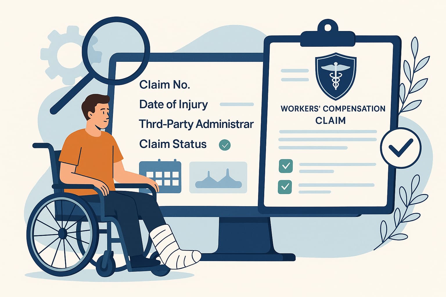 Injured worker in a wheelchair checking workers' compensation claim status on a computer, with claim details, checkmarks, and approval icons in view.