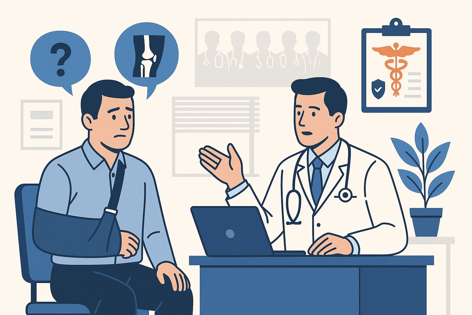 Illustration of an injured worker consulting with a doctor about a second medical opinion, symbolizing workers’ compensation treatment review in Georgia.