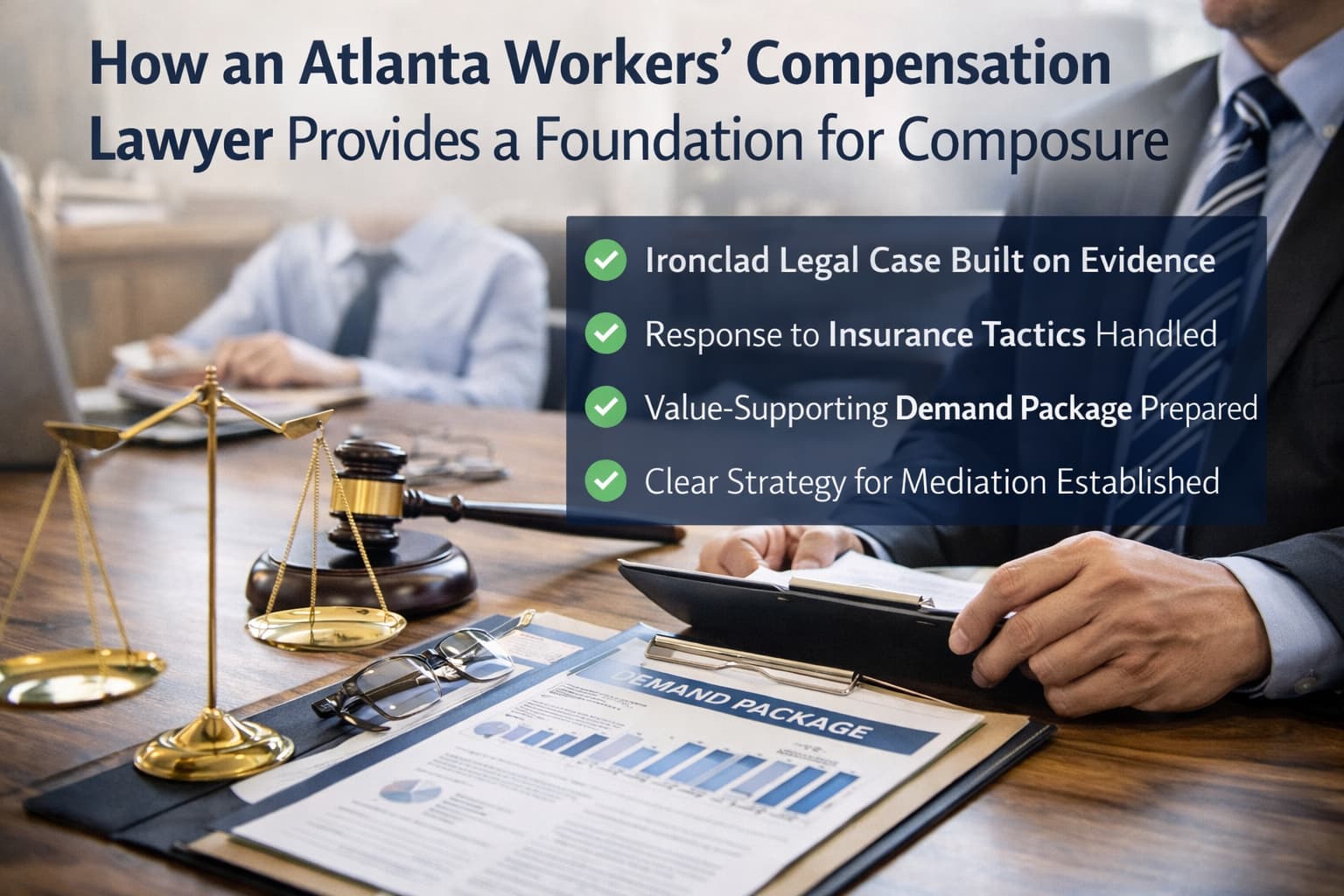 Atlanta workers’ compensation lawyer preparing a mediation strategy with legal documents, providing calm guidance and strong advocacy for injured workers.