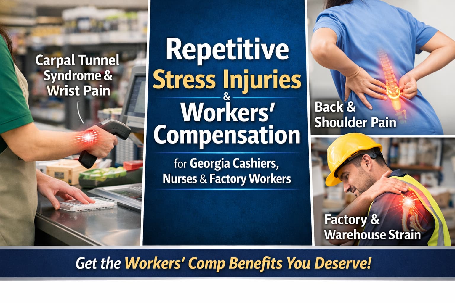 Repetitive stress injuries affecting Georgia cashiers, nurses, and factory workers performing daily job tasks