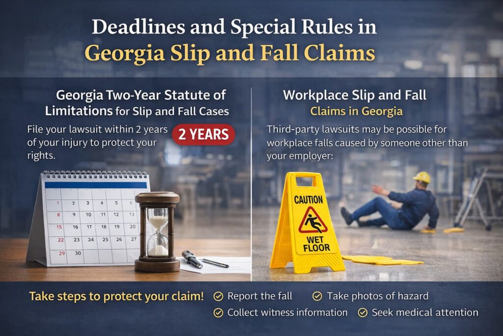 Georgia Slip and Fall Deadlines, Statute of Limitations, and Workplace Claim Rules Deadlines and special rules in Georgia slip and fall claims showing the two-year statute of limitations and workplace injury guidelines