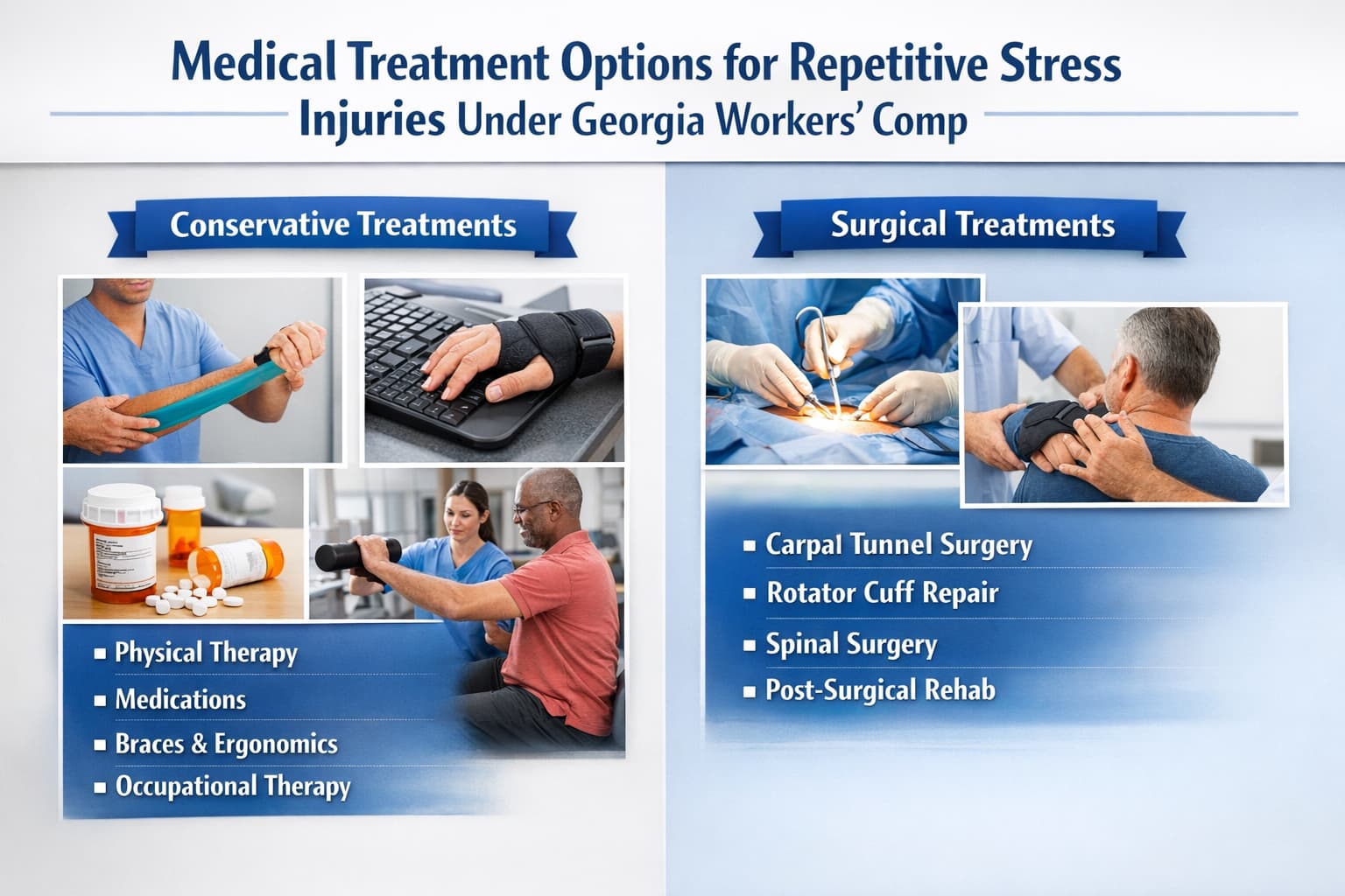 Medical treatment options for repetitive stress injuries under Georgia workers’ compensation, including physical therapy, ergonomic supports, and surgical care without visible injuries