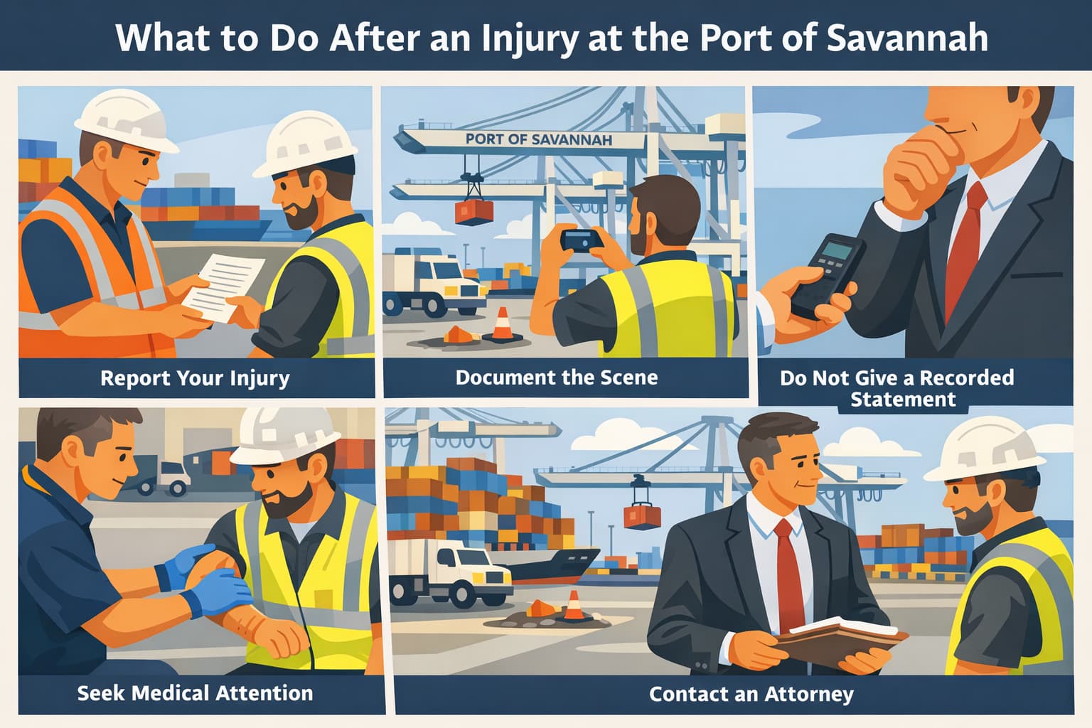 Flat illustration showing steps to take after a Port of Savannah injury, including reporting the accident, medical care, documentation, and contacting a lawyer