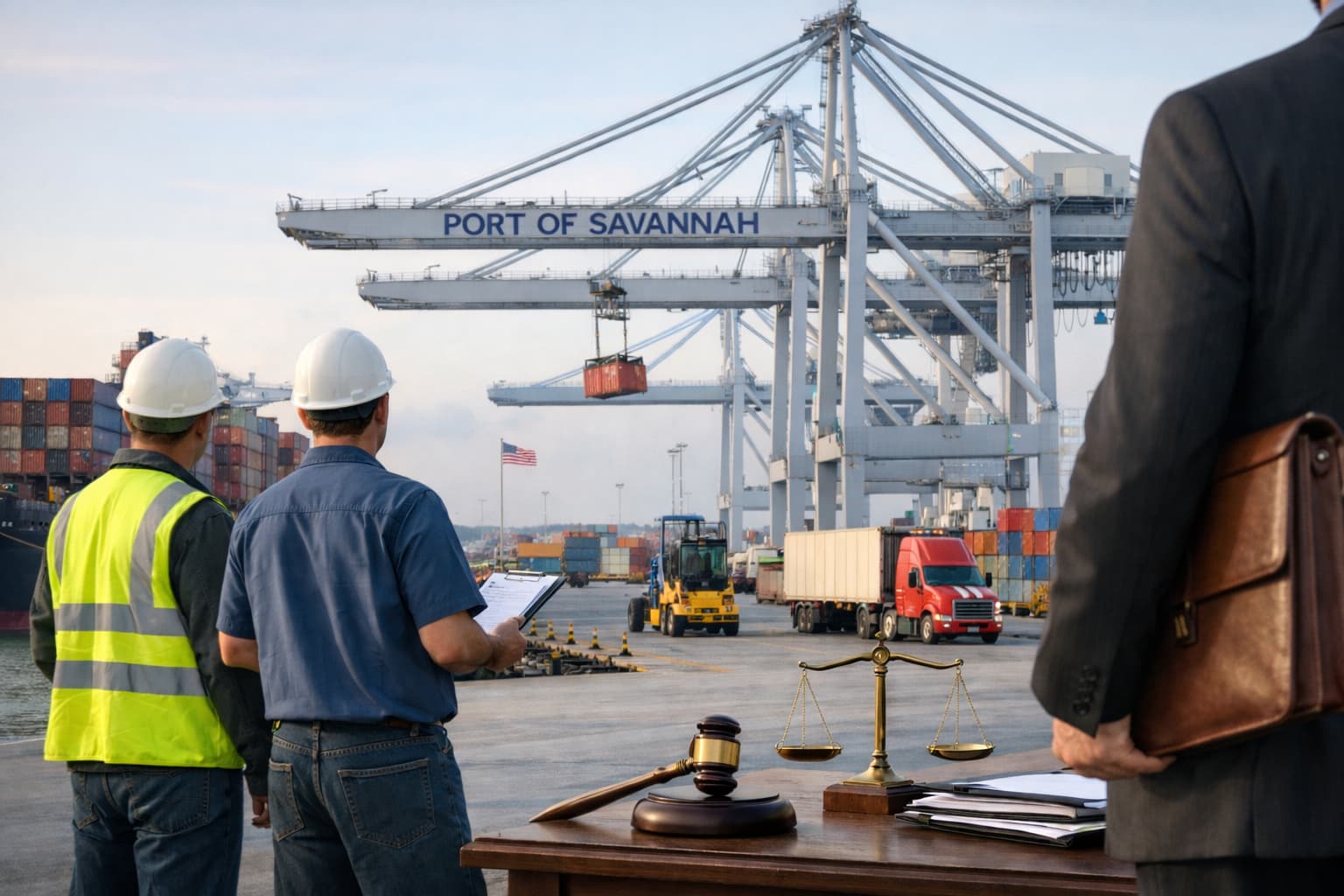 Port of Savannah workers and cranes with legal documents symbolizing workers’ compensation claims for injured Georgia port workers