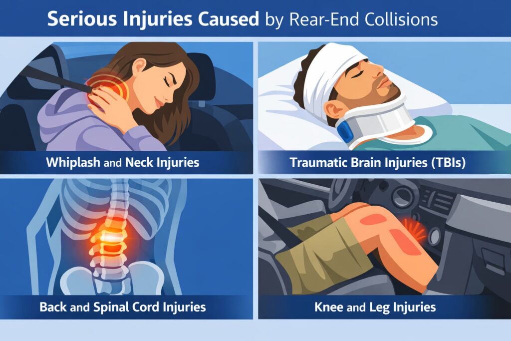 Serious Injuries Caused by Rear-End Collisions Flat illustration showing common serious injuries from rear-end collisions, including whiplash, spinal injuries, traumatic brain injuries, and knee injuries.