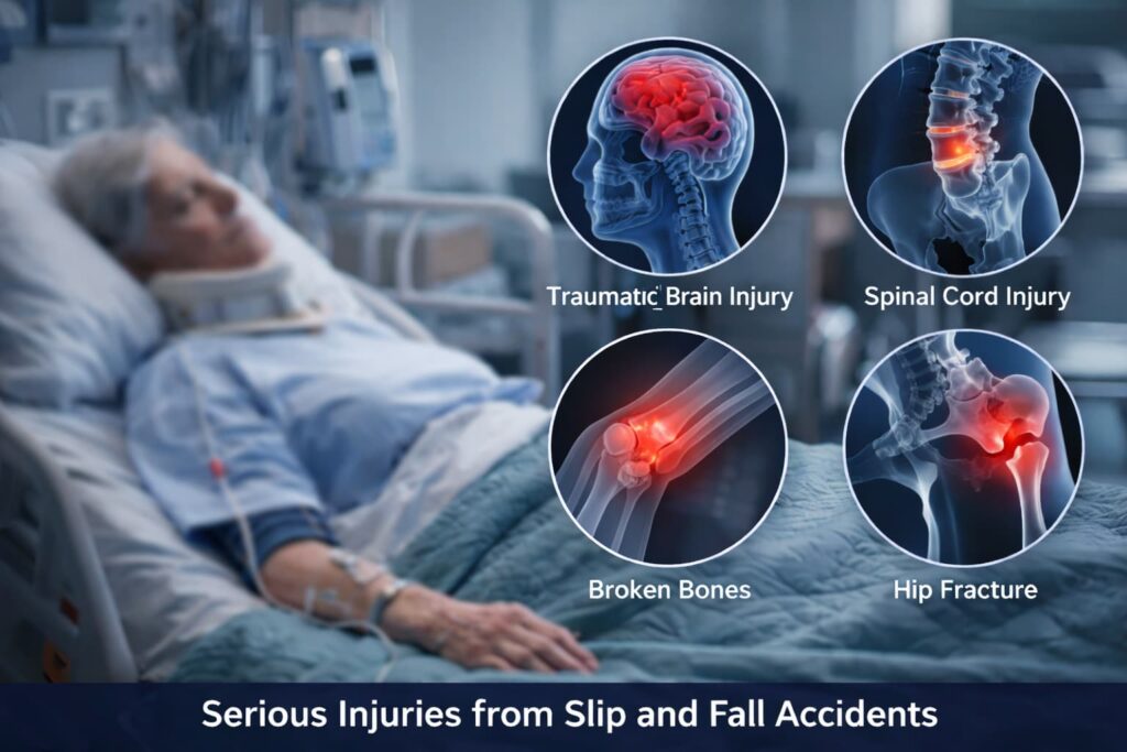 X-ray illustrations showing traumatic brain injury, spinal cord damage, hip fracture, and broken bones from slip and fall accidents