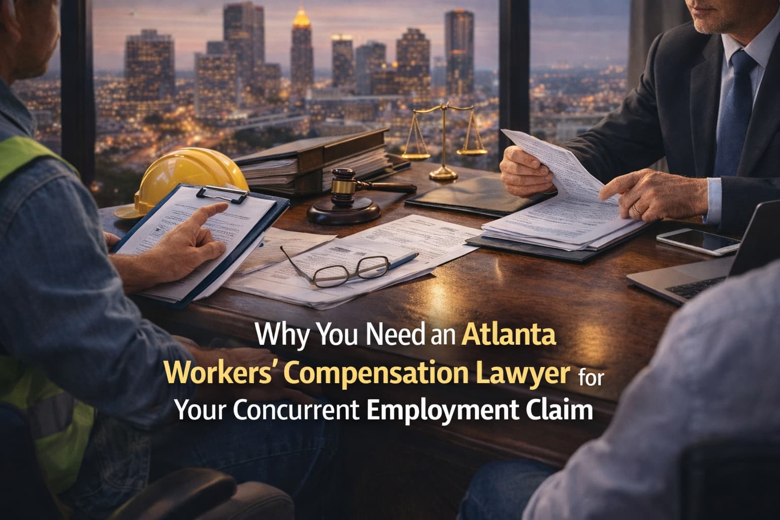 Atlanta workers’ compensation lawyer reviewing concurrent employment wages and legal documents for a multiple-job workers’ comp claim