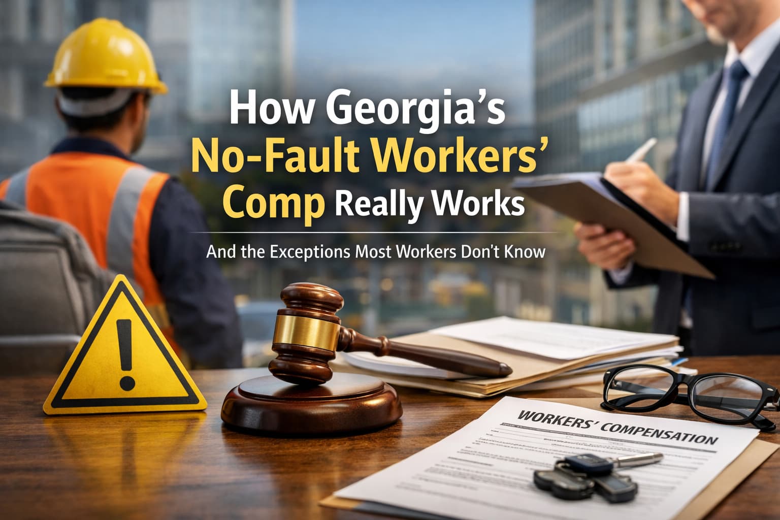 Georgia no-fault workers compensation explained with workplace and legal documents, showing how exceptions can affect injured workers