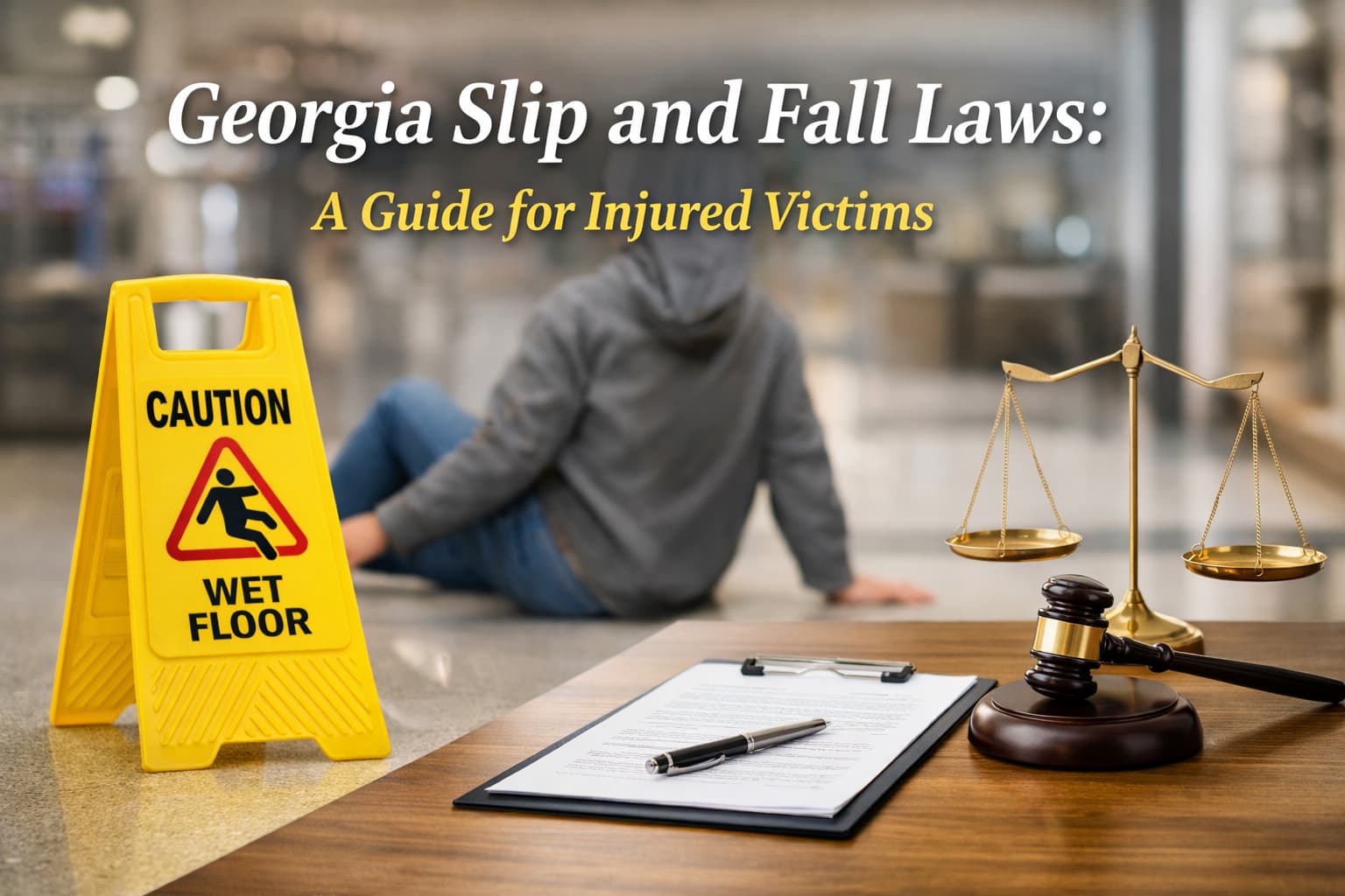 Georgia slip and fall laws illustrated with a wet floor caution sign and legal documents symbolizing premises liability rights