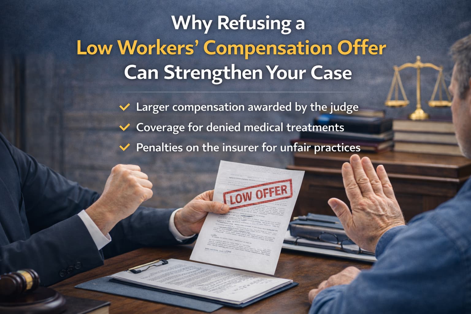 Workers’ compensation lawyer reviewing a low settlement offer during mediation, showing how refusing an unfair offer can strengthen a claim