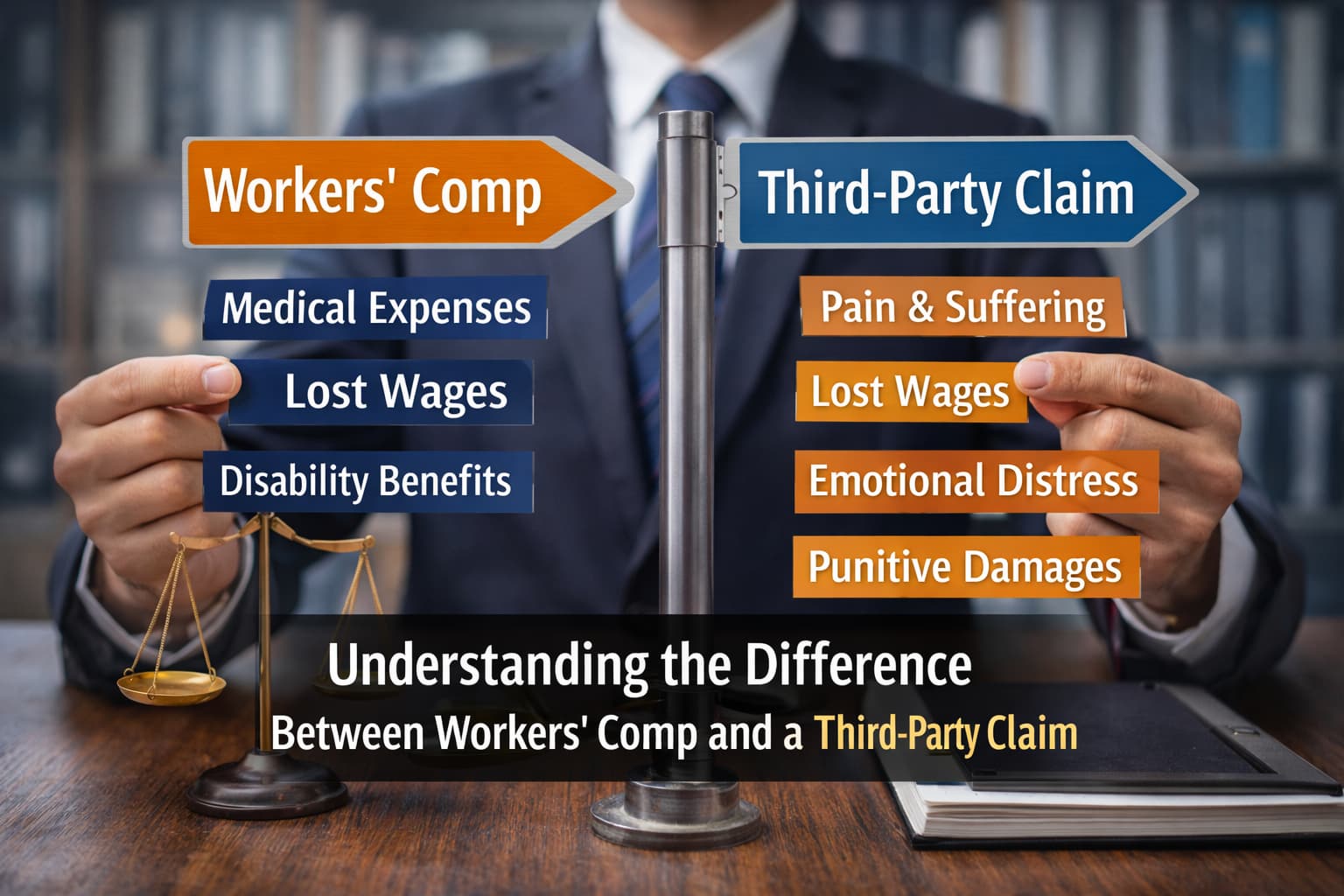 Visual comparison showing workers’ compensation benefits versus third-party injury claims, highlighting differences in damages like pain and suffering