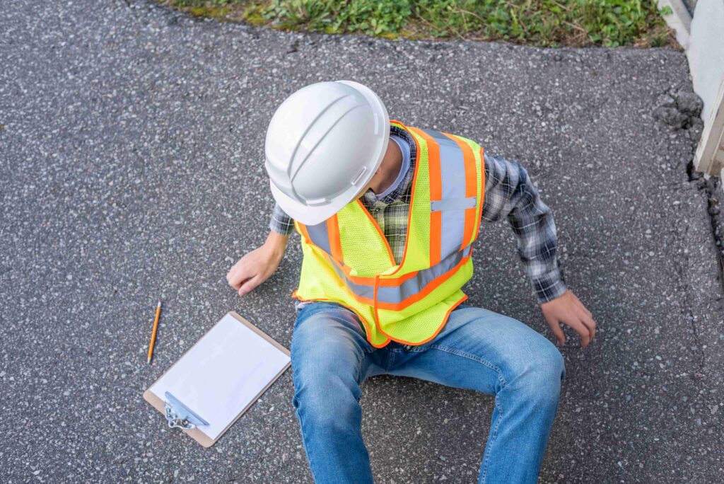 construction worker holding injured arm hard hat