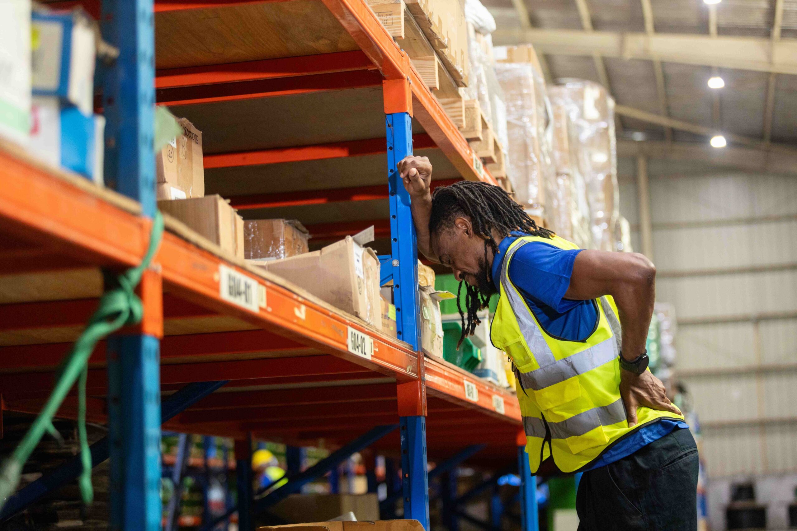 Warehouse worker holding his lower back while leaning on a shelving rack